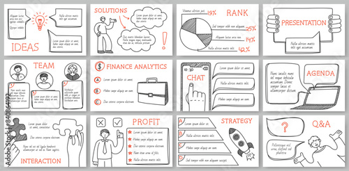 Hand drawn business presentation templates. Report slides with doodle style frames, character illustrations and infographics. Vector set.