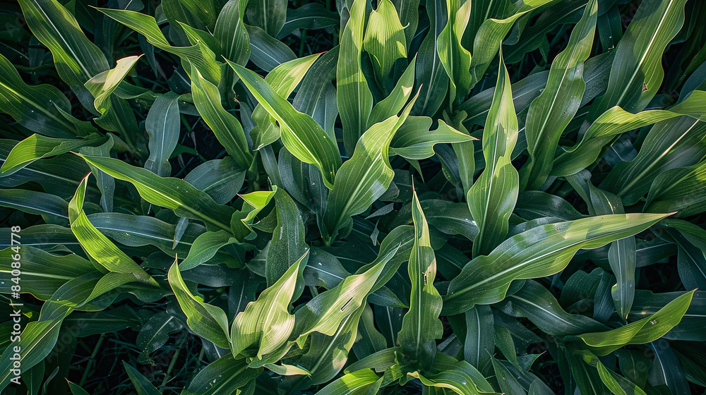 Fototapeta premium Top view of corn plants in field, green leaves, daylight