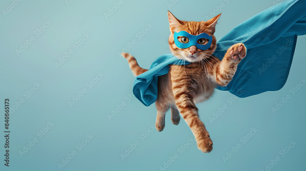 Obraz premium superhero cat, Cute orange tabby kitty with a blue cloak and mask jumping and flying on light blue background with copy space. The concept of a superhero, super cat, leader, funny animal studio shot.