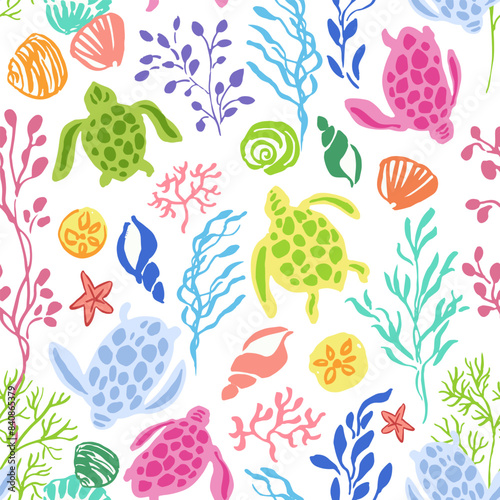Coastal seamless vector repeat pattern with colorful sea turtles and algae seaweed on white background. Summer, swim, poolside, kids swimwear, beach backdrop in happy cheerful colors