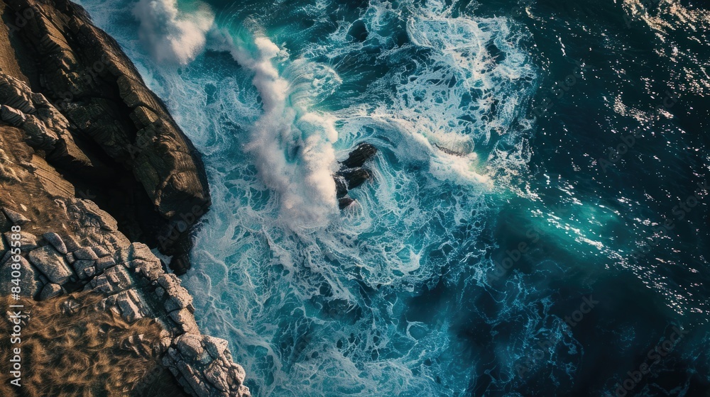Obraz premium Beach and waves from top view. Turquoise water background from top view. Summer seascape from air. Top view. Travel concept and idea