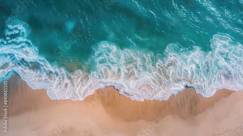 Beach and waves from top view. Turquoise water background from top view. Summer seascape from air. Top view. Travel concept and idea