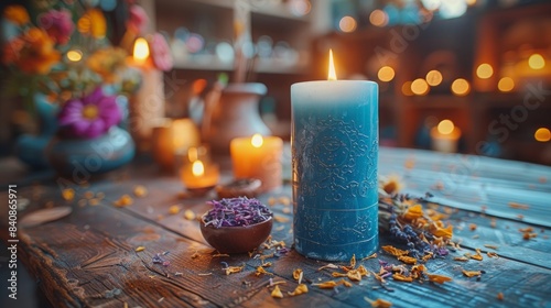 A fortune teller, witch stuff on a table, candles and fortune-telling objects. The concept of divination, astrology and esotericism 