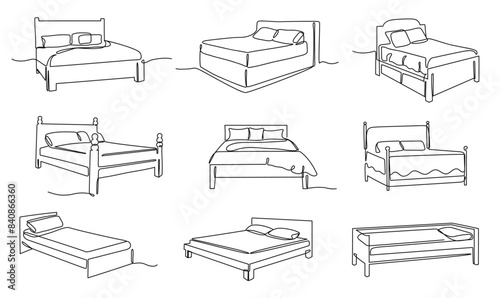 One line bed. Cozy bedroom furniture, minimalist line art single, double and king size beds with pillows vector illustration set.
