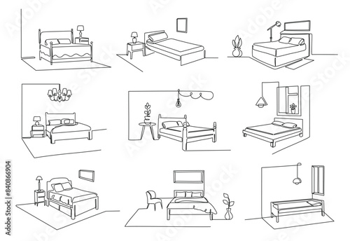 One line bedroom interiors. Cozy mattress or bed furniture promo designs. Minimalist line art vector illustration set.