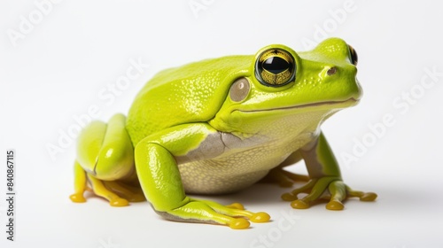 A green frog with yellow eyes is standing on a white background