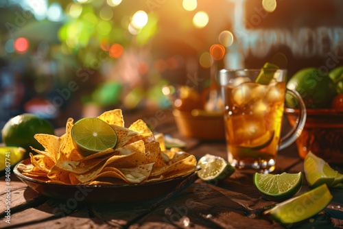 A plate of tortilla chips with lime wedge and iced tea on wooden table