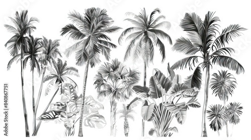 Seamless Border Hand Drawn Black and White Lithography Illustration Retro Style Design. Tropical wallapaper. AI generated illustration