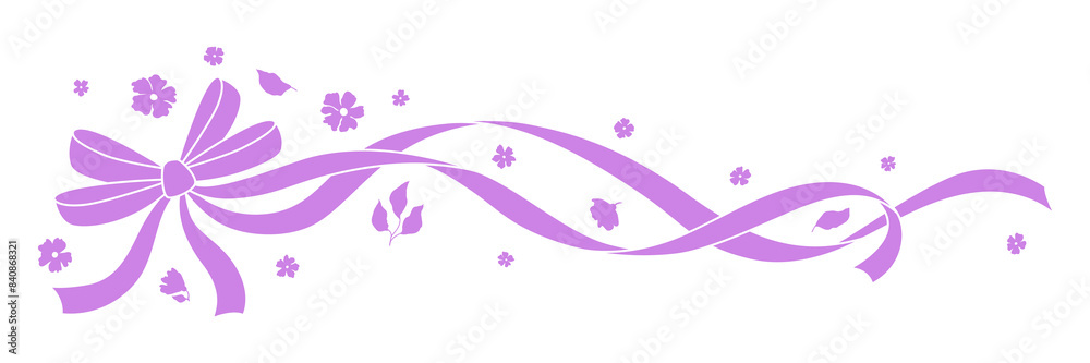 Ribbon with bow and flowers. Beautiful decorative natural plants and leaves. Ribbon with bow and flowers. Beautiful decorative natural plants and leaves.