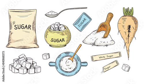 Hand drawn white sugar. Sketch sugar beet, granulated and cubes. Packaged in bag, sticks and bowl vector illustration set.