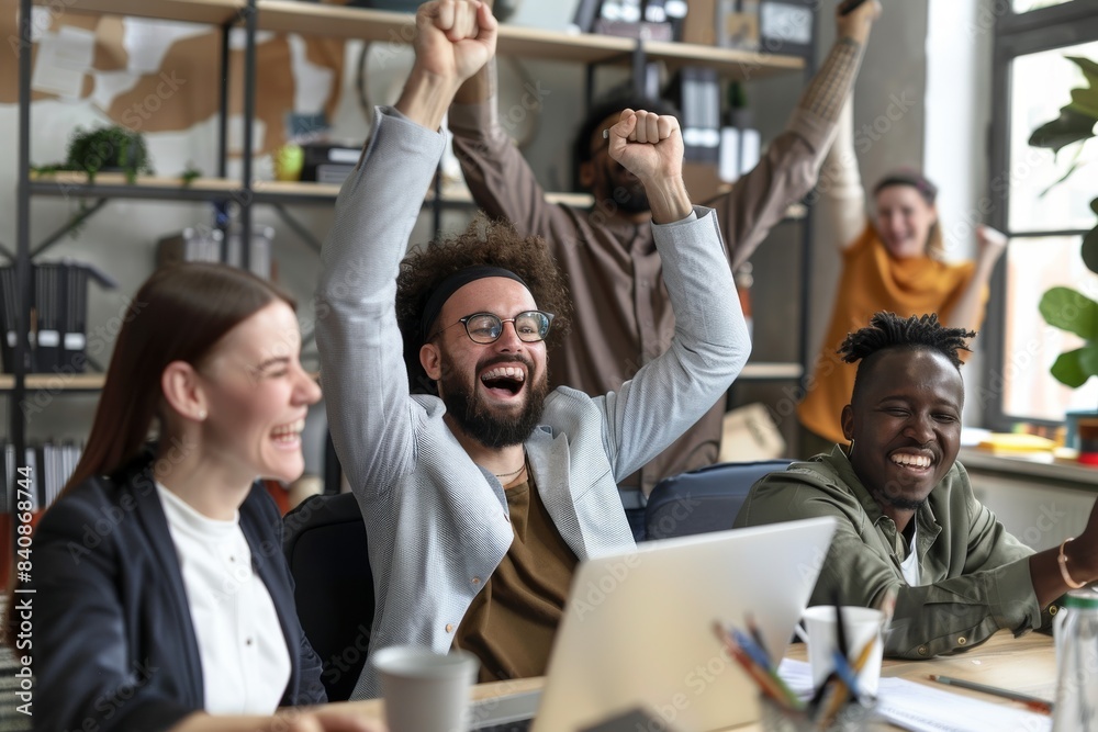 A Modern Office Celebration: Teammates Rejoice in Triumphant Success A Modern Office Celebration: Teammates Rejoice in Triumphant Success
