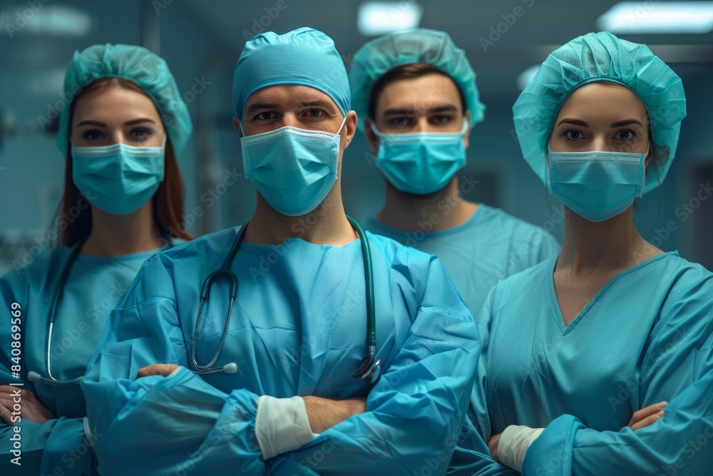 Group of medical team of surgeon, nurse, assistant wearing medical masks are standing confidently in operating room Group of medical team of surgeon, nurse, assistant wearing medical masks are standing confidently in operating room