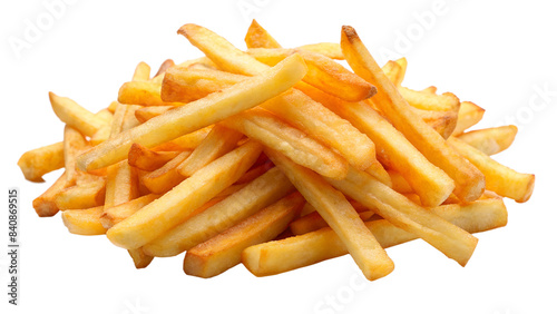 a pile of golden-brown French fries against a white background. The fries appear crispy, varying in size, with some showing a light golden color and others a deeper brown