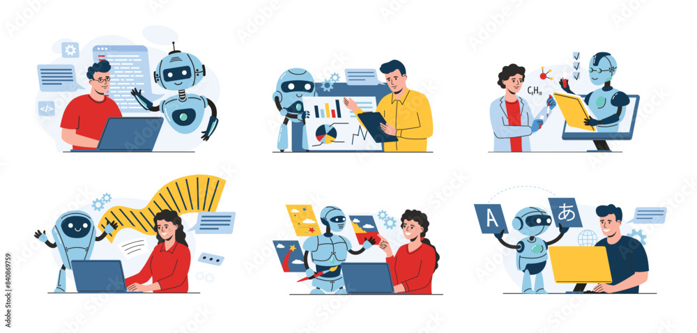 Ai work assistant. Bots helps people with programming, data analytics, scientific research, creative writing, generative art and language learning vector illustration set. Ai work assistant. Bots helps people with programming, data analytics, scientific research, creative writing, generative art and language learning vector illustration set.