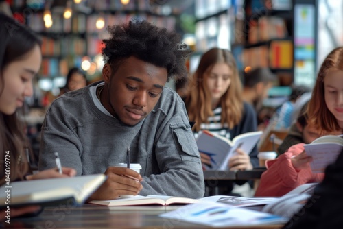 A Young Man Focused on His Studies in a Bustling Coffee Shop