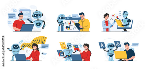 Ai work assistant. Bots helps people with programming, data analytics, scientific research, creative writing, generative art and language learning vector illustration set.