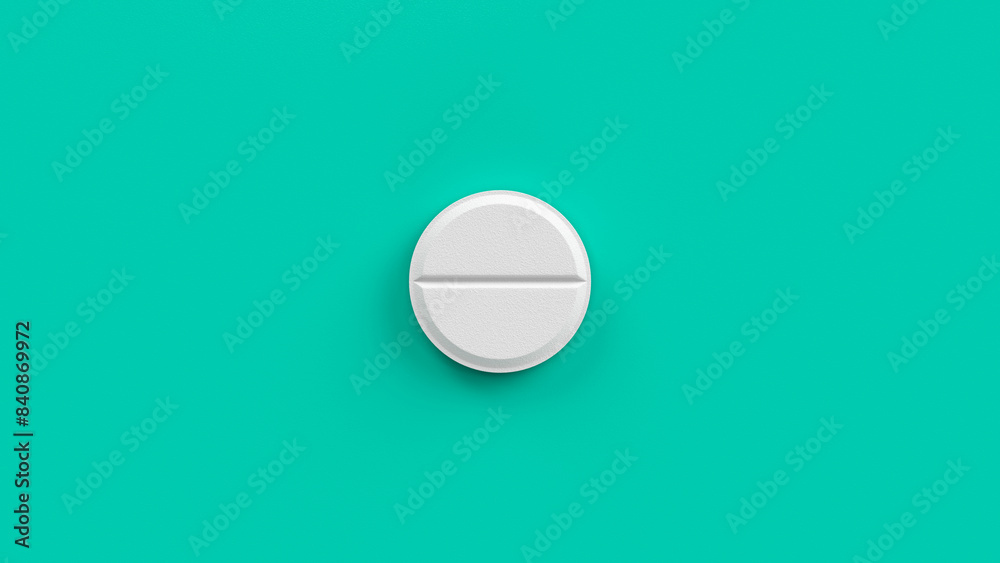 White single pill isolated on a turquoise background. Tablet, pill capsule top view, flat lay. 3d render illustration White single pill isolated on a turquoise background. Tablet, pill capsule top view, flat lay. 3d render illustration