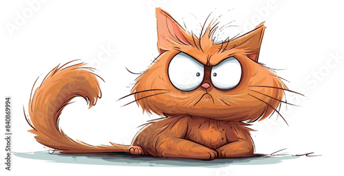 A cartoon cat with orange fur sits with a grumpy expression on its face