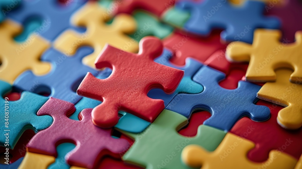Fototapeta premium Close-up of Red Puzzle Piece in Colorful Jigsaw