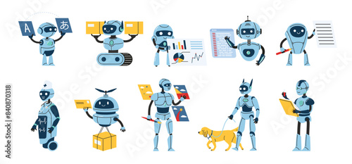 Robots at work. Bots for translation, package or mail delivery, programming tasks, healthcare assistance, data analytics and research, generative art and pet companion vector illustration set.