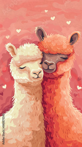 Two alpacas, one white and one brown, cuddle closely together against a pink background with white hearts
