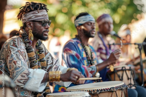 Rhythmic Tapestry of Percussion: An African Ensemble Beats Out a Vibrant Melody in a Summer Afternoon
