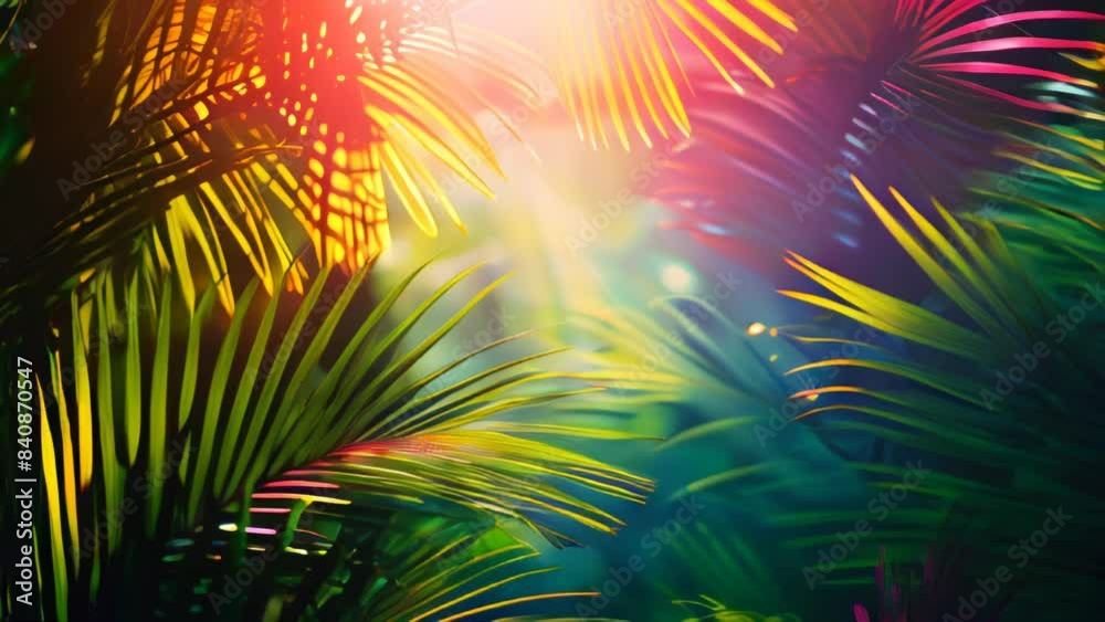 trendy summer Bali style floral pattern background with copyspace , colorful leaves palm shape art wallpaper, Summer colors botanical tropical leaves ,sun light and shadows, green leaves 