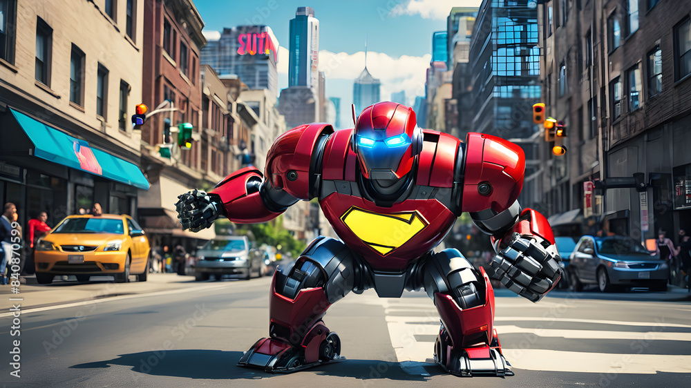 Obraz premium Red big robot attack in the city. Generative AI
