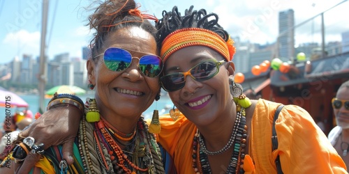 Smiling friends in colorful traditional costumes enjoying a carnival celebration, highlighting cultural diversity and joyful togetherness at a vibrant street festival, Gernerative AI photo