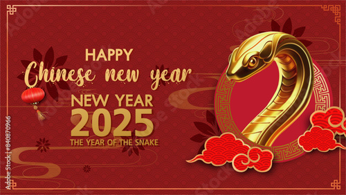 Happy chinese new year 2025, the year of the snake, red and gold color background.