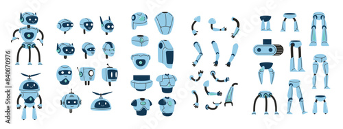 Robot constructor components. Bot creation kit of modular robot parts including heads, arms, legs and bodies for android character design. Isolated vector set.