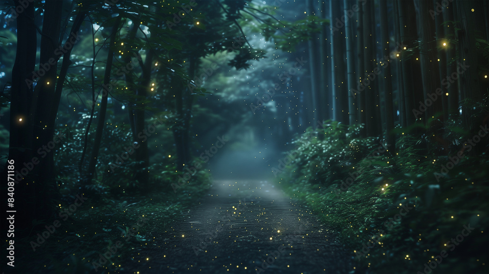 夜の日本の森、星のように輝く蛍 夜の日本の森、星のように輝く蛍