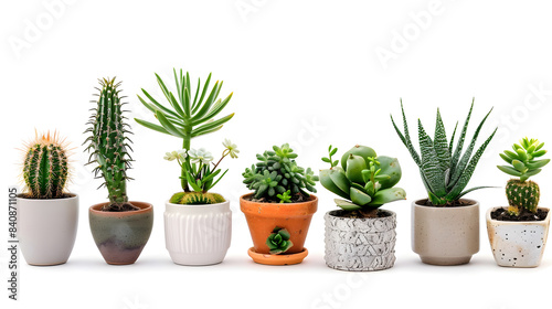 Group of various indoor plants in pots isolated on a white background