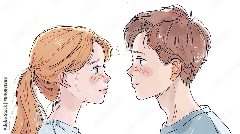 Illustration of a young couple facing each other with gentle expressions, highlighting their connection and affection