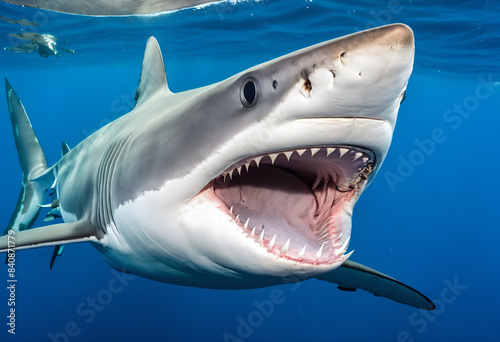 Great white shark in deep blue water.