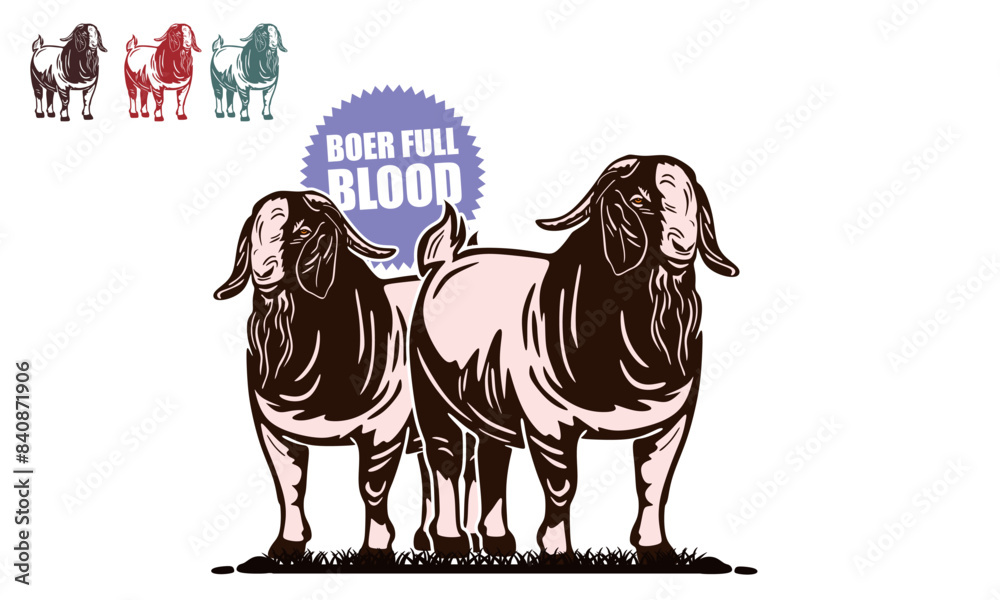 BOER GOAT FULL BLOOD LOGO, silhouette of great ram standing vector illustrations