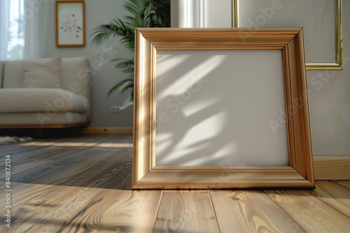 Empty picture frame positioned on wooden floor of living room. Interior design mockup. Sunlight streams casting shadows and creating a warm, inviting atmosphere