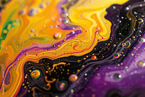 A closeup of the colorful and swirling patterns created in the style of oil droplets on water, showcasing intricate details in yellow, purple, orange, green, black, and white colours.