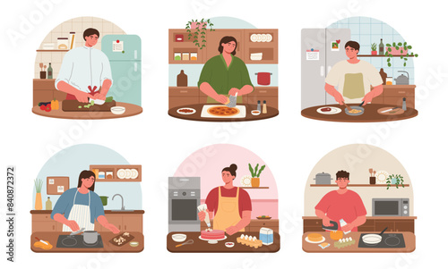 People cook in kitchen. Cooking and baking, individual men and women characters preparing meals illustration set.