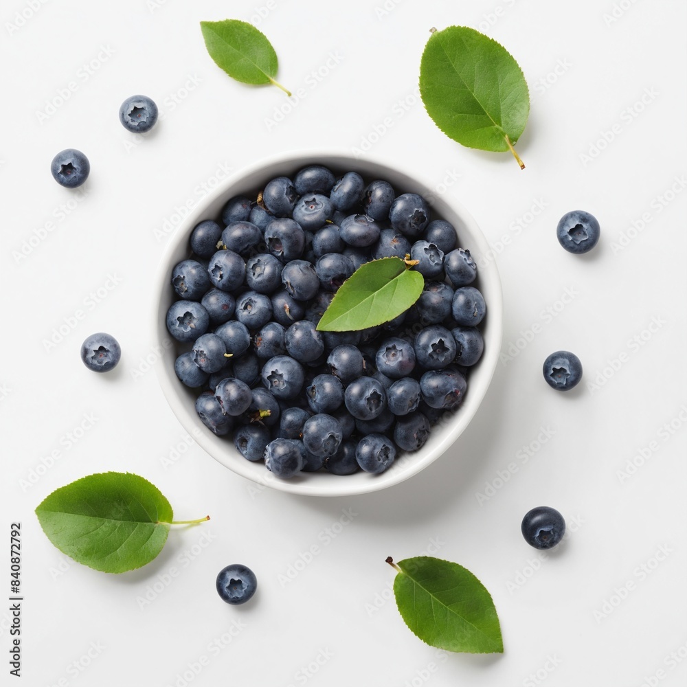 Raw blueberry in bowl with green leaves on white. Top view flat lay Raw blueberry in bowl with green leaves on white. Top view flat lay