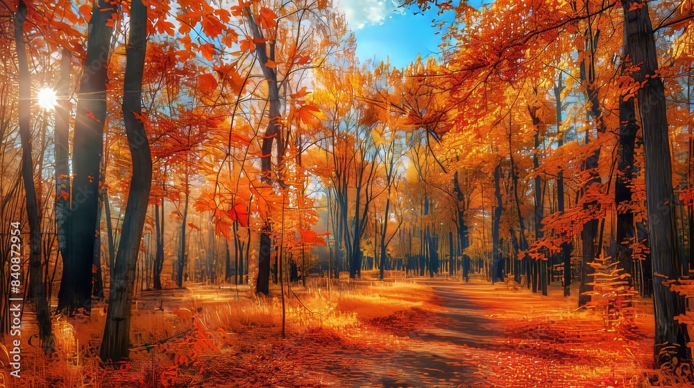 Brilliant autumn deciduous forest with sunlit trees in vibrant, captivating colors