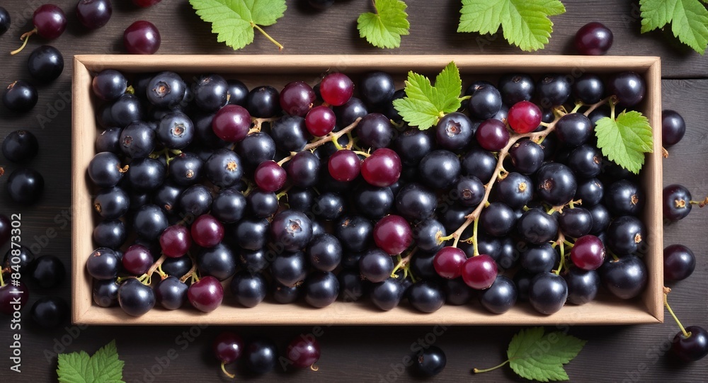 Fresh black currant in box on wooden table background. Top view Fresh black currant in box on wooden table background. Top view
