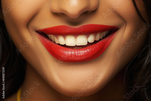 Bright Smile of a Woman with Red Lips Closeup © lermont51