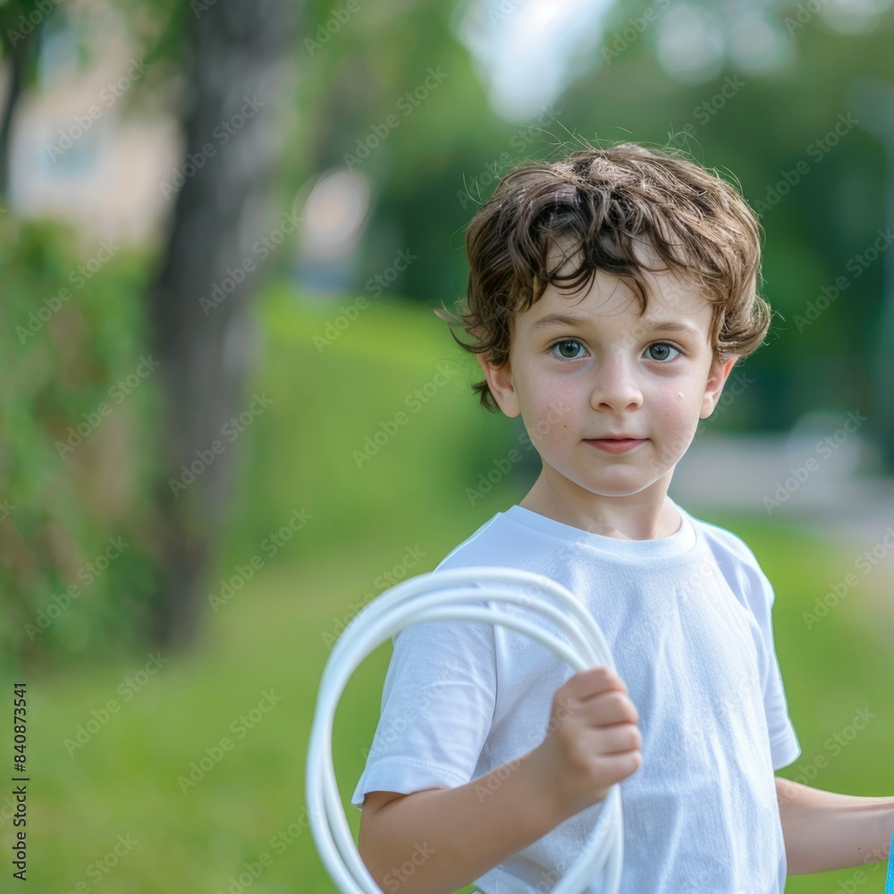 Boy, child. house helper. Repair. Holds the rope. profession. portrait of a child in a white T-shirt and a sports jump rope. . background street, trimmed green lawn. Boy, child. house helper. Repair. Holds the rope. profession. portrait of a child in a white T-shirt and a sports jump rope. . background street, trimmed green lawn.