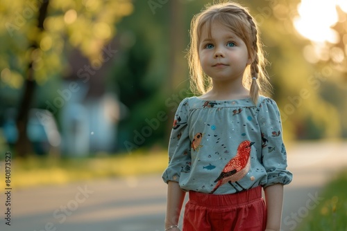 Child girl in a beautiful blouse. Summer. Holidays. Place for text. Summer. Pretty face. Love birds. Animals © Al