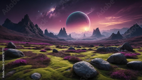 A landscape of a distant mysterious planet with purple skies