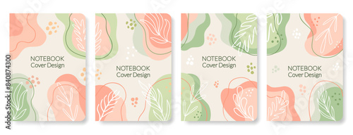 Organic design copybook and diary templates with leaves pattern. Floral frames composition set. Aesthetic botanical notebook covers. EPS 10 vector illustration.