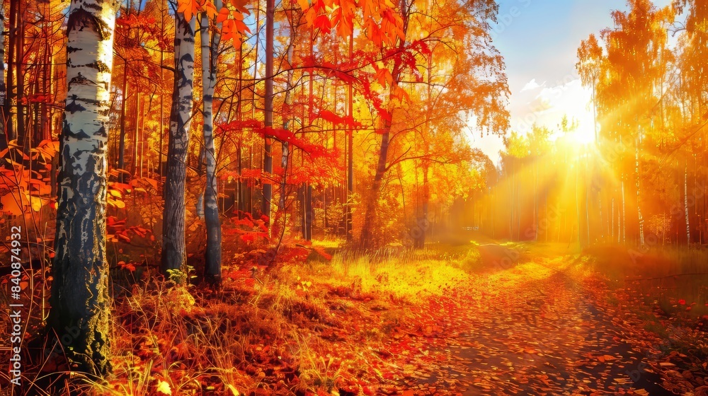 Obraz premium Colorful autumnal deciduous forest with sunlit trees displaying stunning vibrant shades
