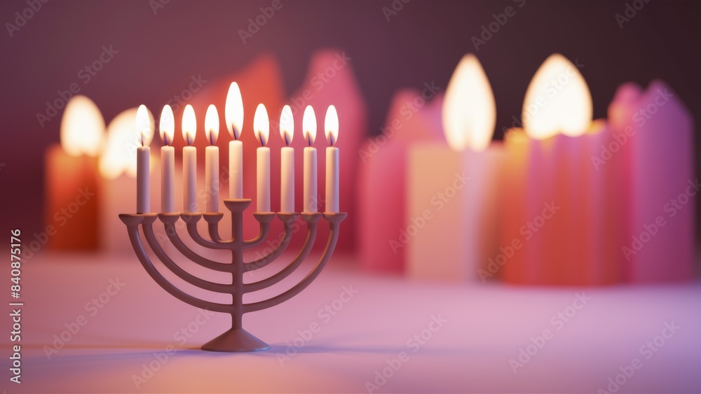 Fototapeta premium A menorah with candles lit in front of a background, AI
