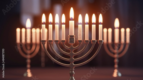 A menorah with five candles lit on a table, AI photo
